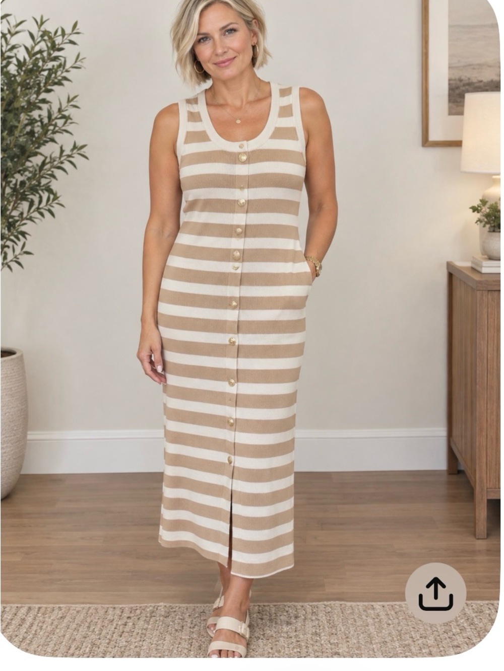 Endless Rose Beige and White Striped Midi Tank Dress